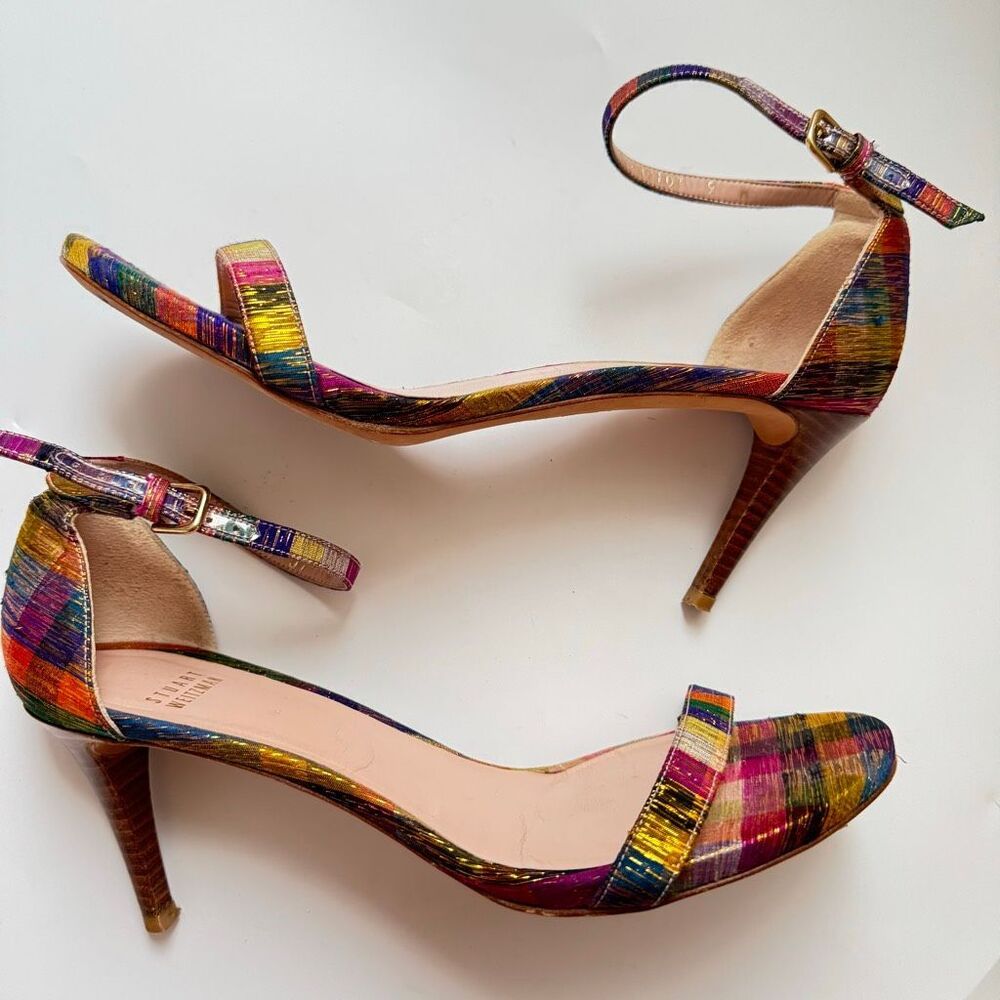 Stuart Weitzman Nunaked Tinsel Rainbow Lurex Colorful Open Toe Women Size 9
